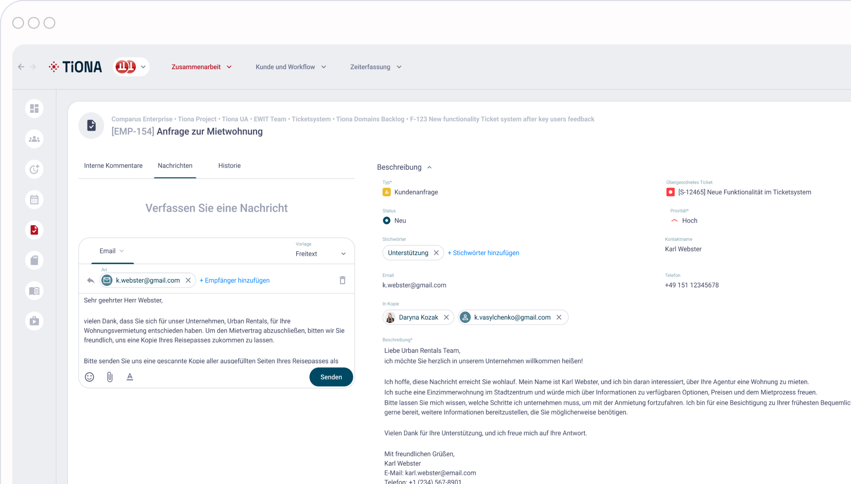 TiONA E-Mail-Kompositionsschnittstelle für die Beantwortung einer Kundenanfrage zur Vermietung einer Wohnung