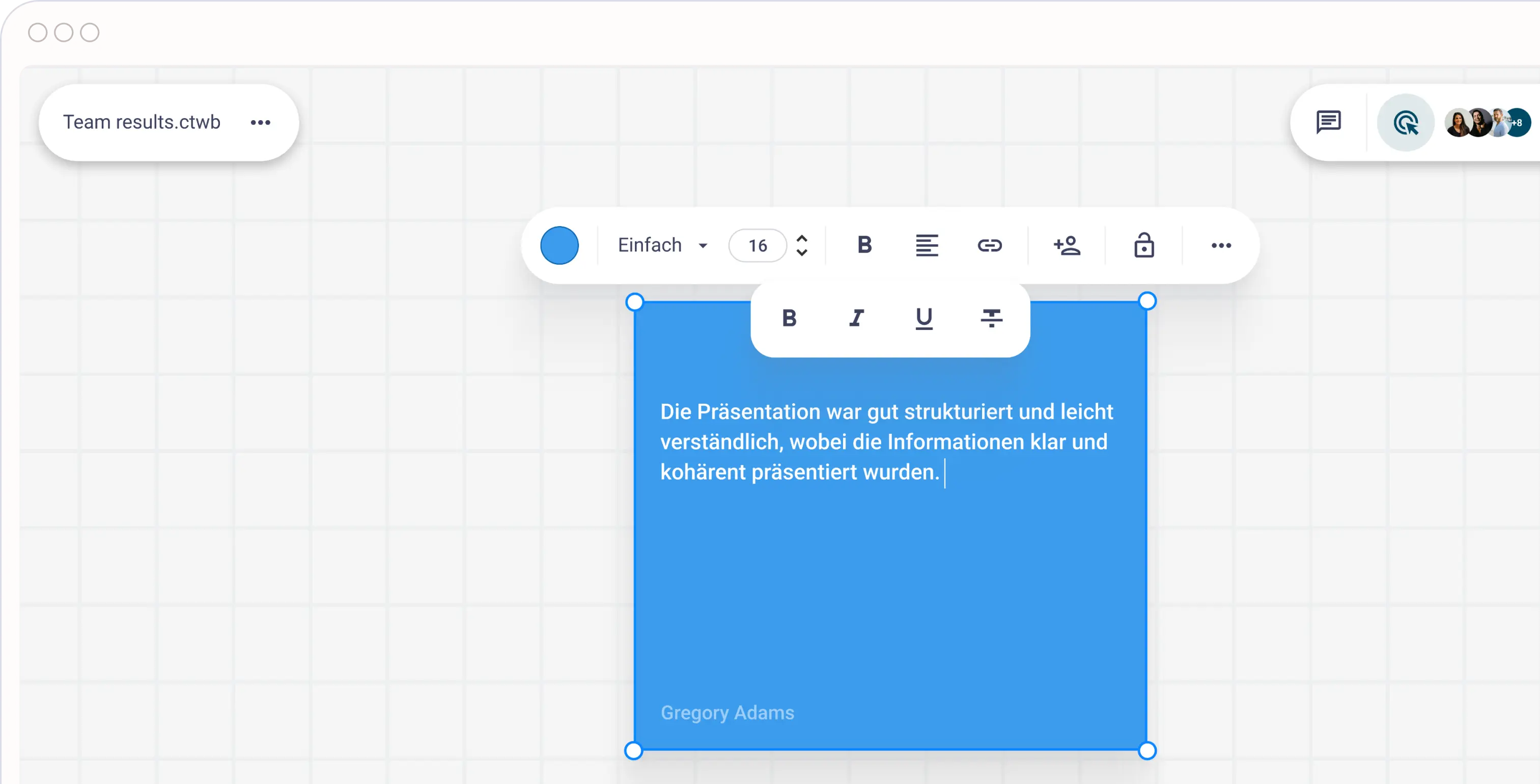 Online-Whiteboard-Schnittstelle mit Textfeld und Formatierungswerkzeugen, die ukrainischen Text anzeigen