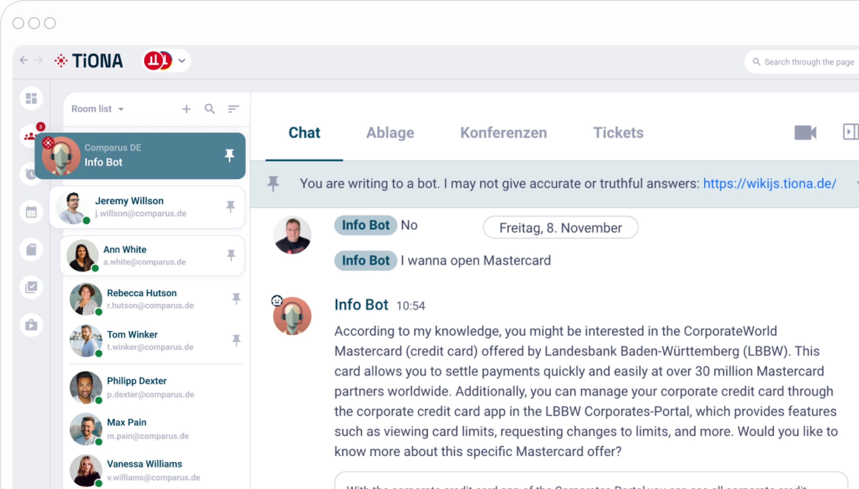 TiONA-Chat-Interface zeigt eine Unterhaltung mit einem Info-Bot über eine Mastercard-Anfrage