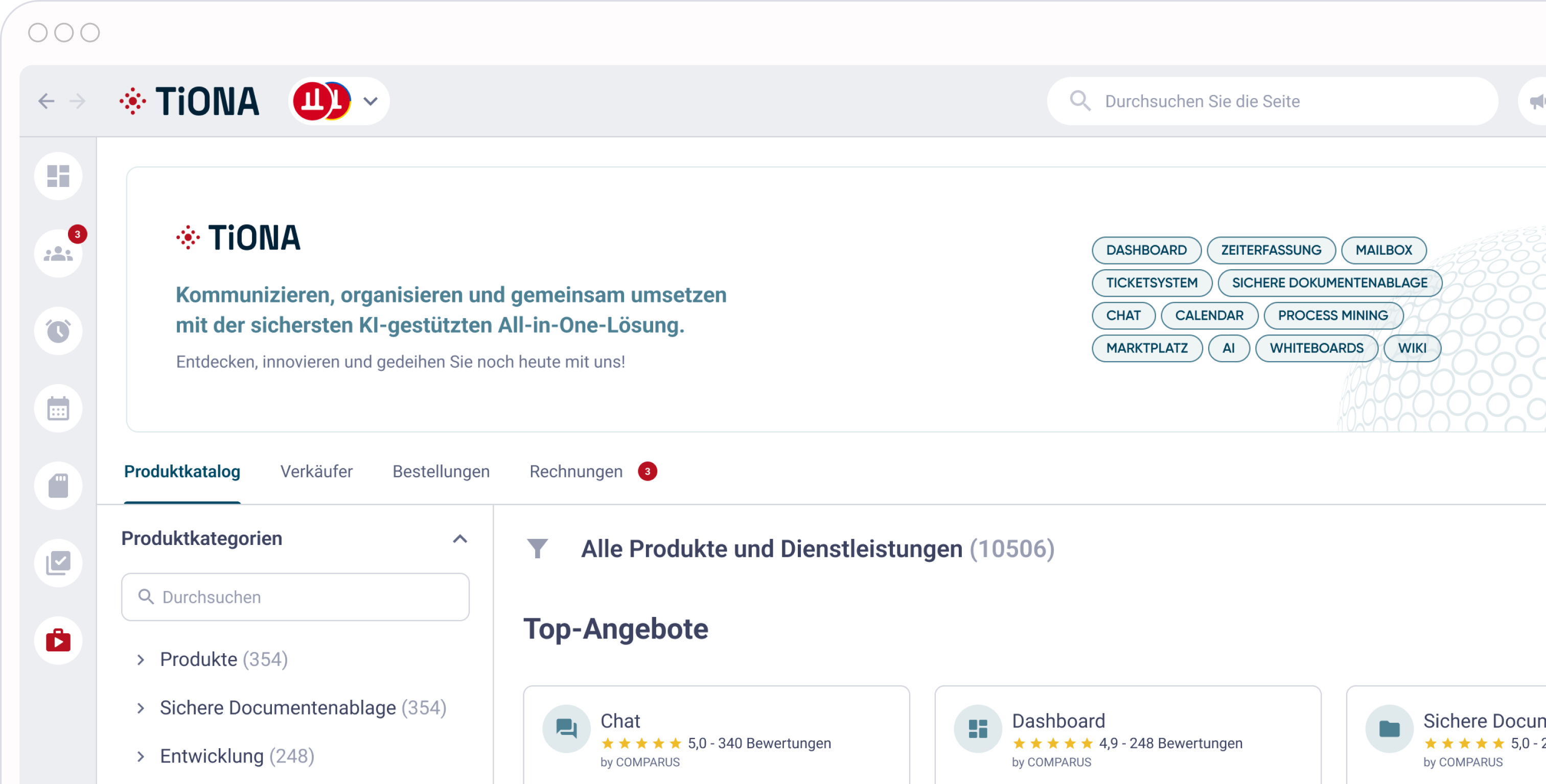 iONA Produktkatalogseite mit Produktkategorien wie 'Chat' und 'Dashboard' mit Bewertungen
